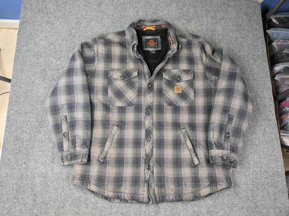 Walls Jacket Mens 2XL Gray Plaid Sherpa Lined Flannel Shirt Coat Outdoor Warm